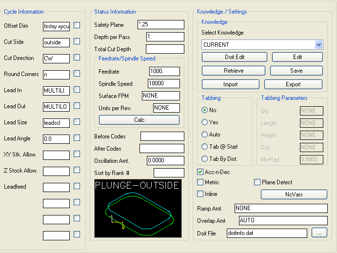 Plunge-Outside cycle parameters