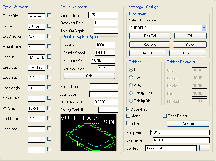 Multi-Pass Outside cut parameters