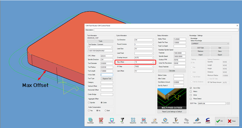 Max. Offset on Multi-Pass Outside tool path.