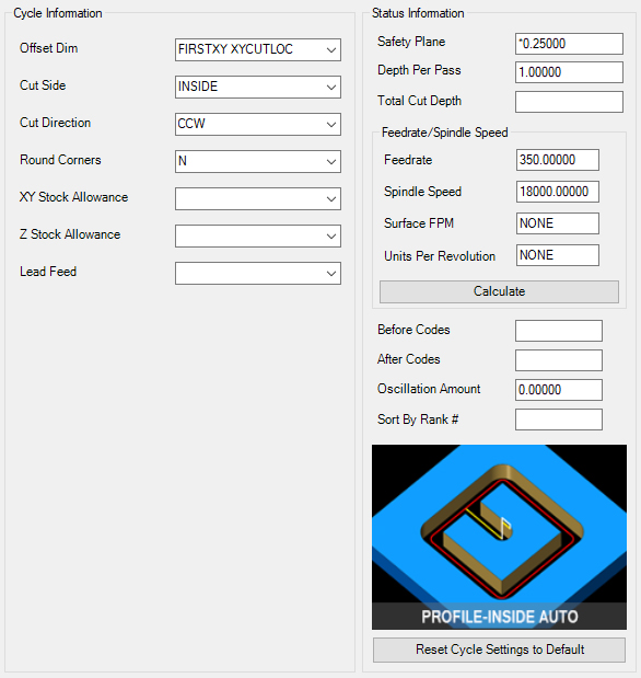 Profile-Inside-Auto cycle parameters