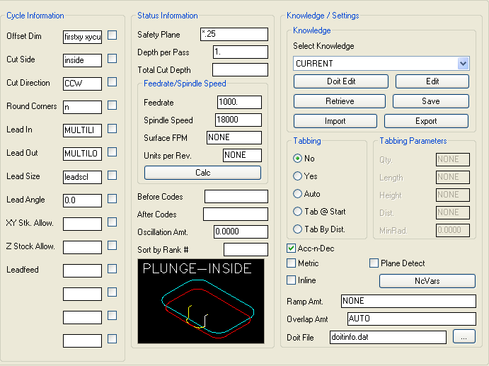 Plunge-Inside cycle parameters