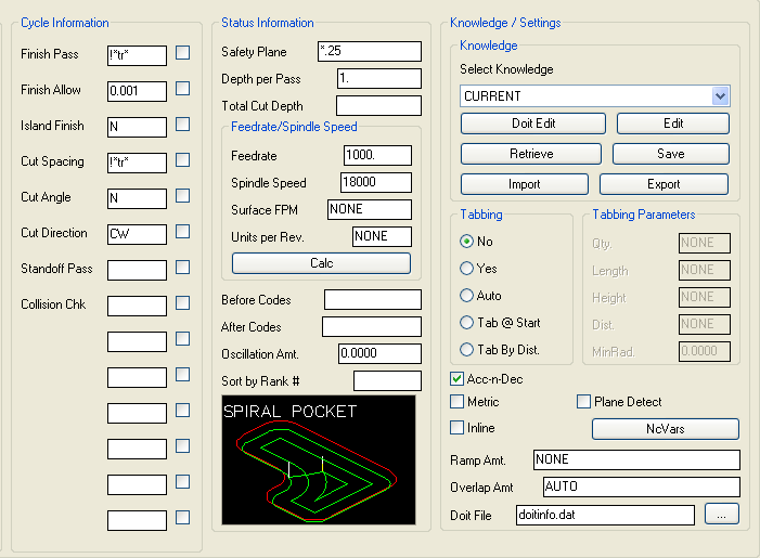 Spiral Pocketing Parameters.