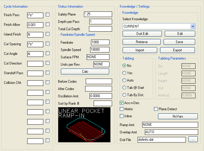 Linear Pocket Ramp parameters.