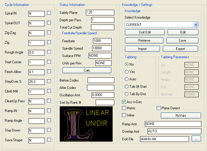 Linear Pocket Unidirectional parameters.