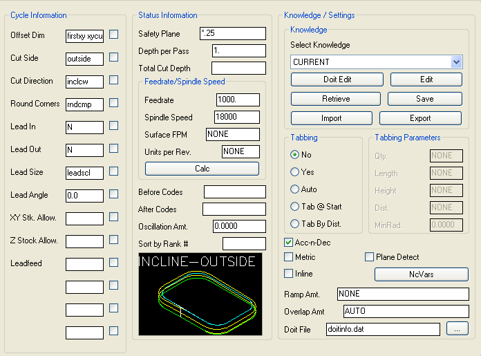 Incline-Outside cycle parameters.