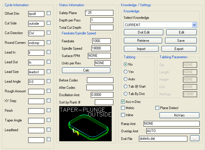 Taper-Plunge-Outside cycle parameters.