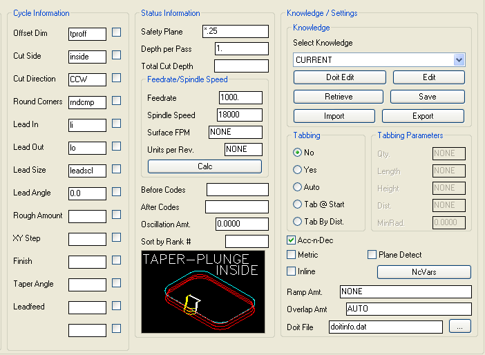 Taper-Plunge-Inside cycle parameters.