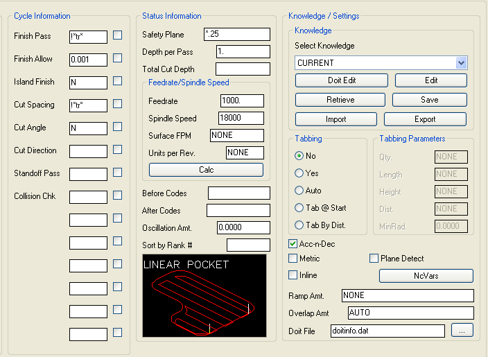 Linear Pocket parameters.