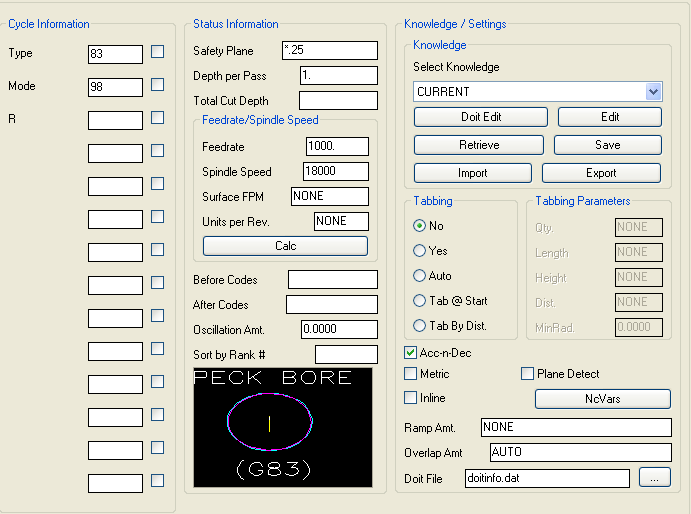 Peck Bore parameters.