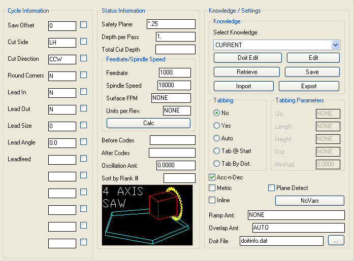 4th Axis Saw parameters.