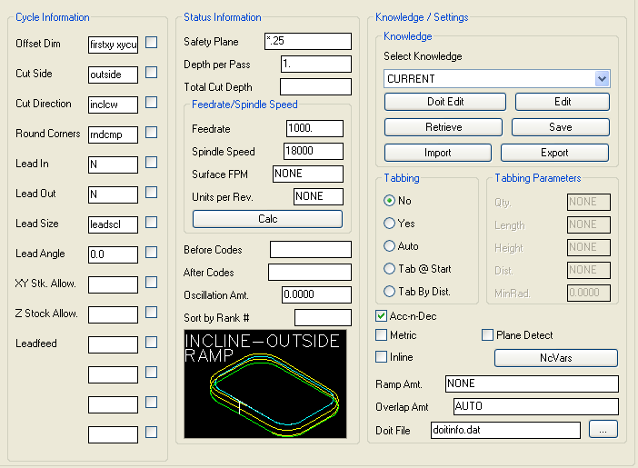 Incline-Outside Ramp cycle parameters