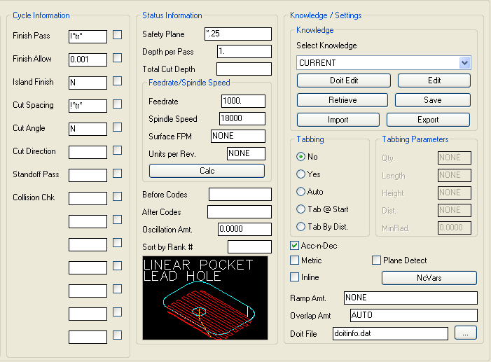 Linear Pocket Lead-Hole parameters.