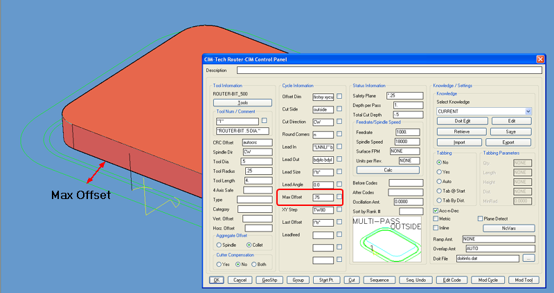 Max. Offset on Multi-Pass Outside tool path.