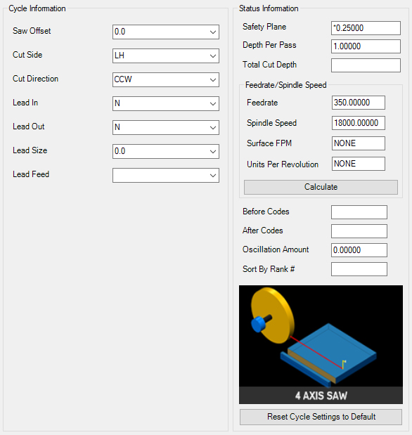 4th Axis Saw parameters.