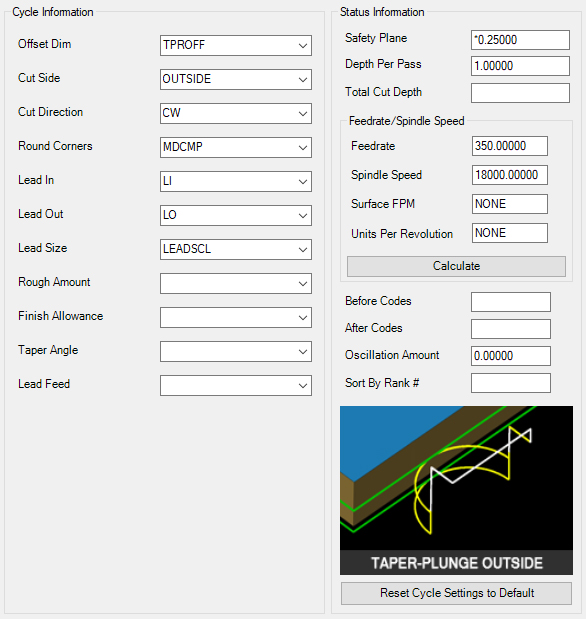 Taper-Plunge-Outside cycle parameters