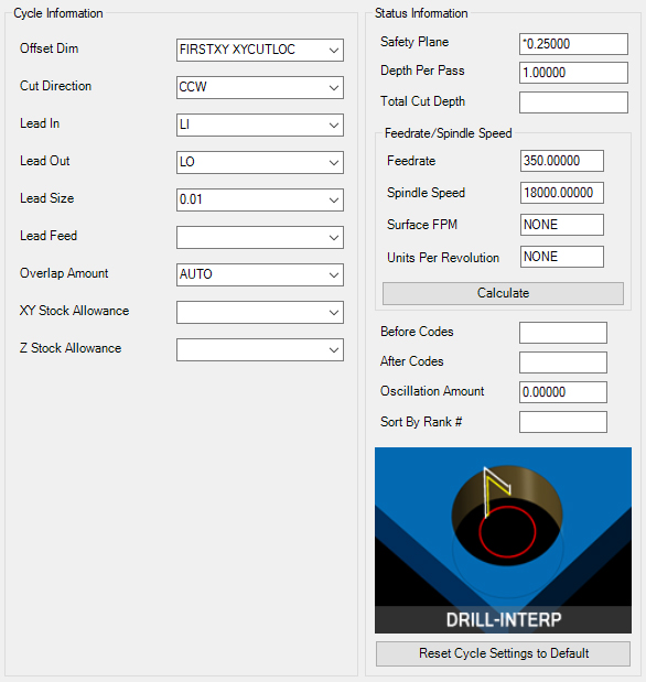 Drill-Interpolation Cut Cycle Parameters