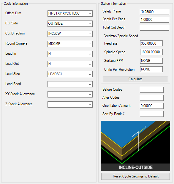 Incline-Outside cycle parameters