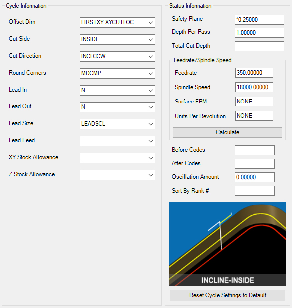 Incline-Inside cycle parameters