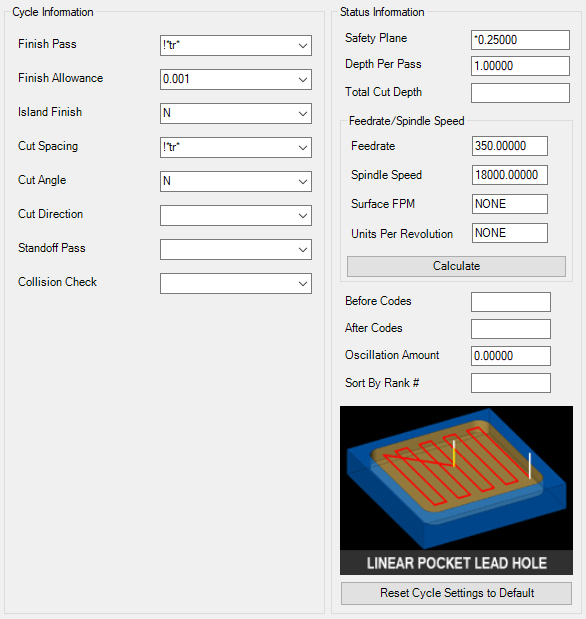 Linear Pocket Lead-Hole parameters.