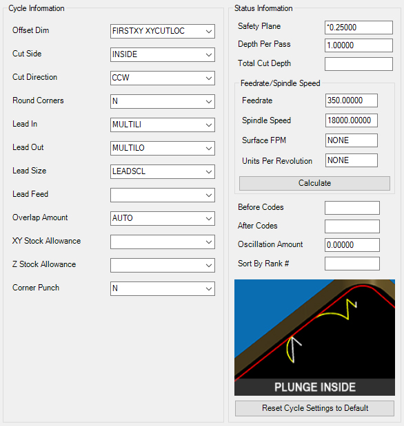 Plunge-Inside cycle parameters